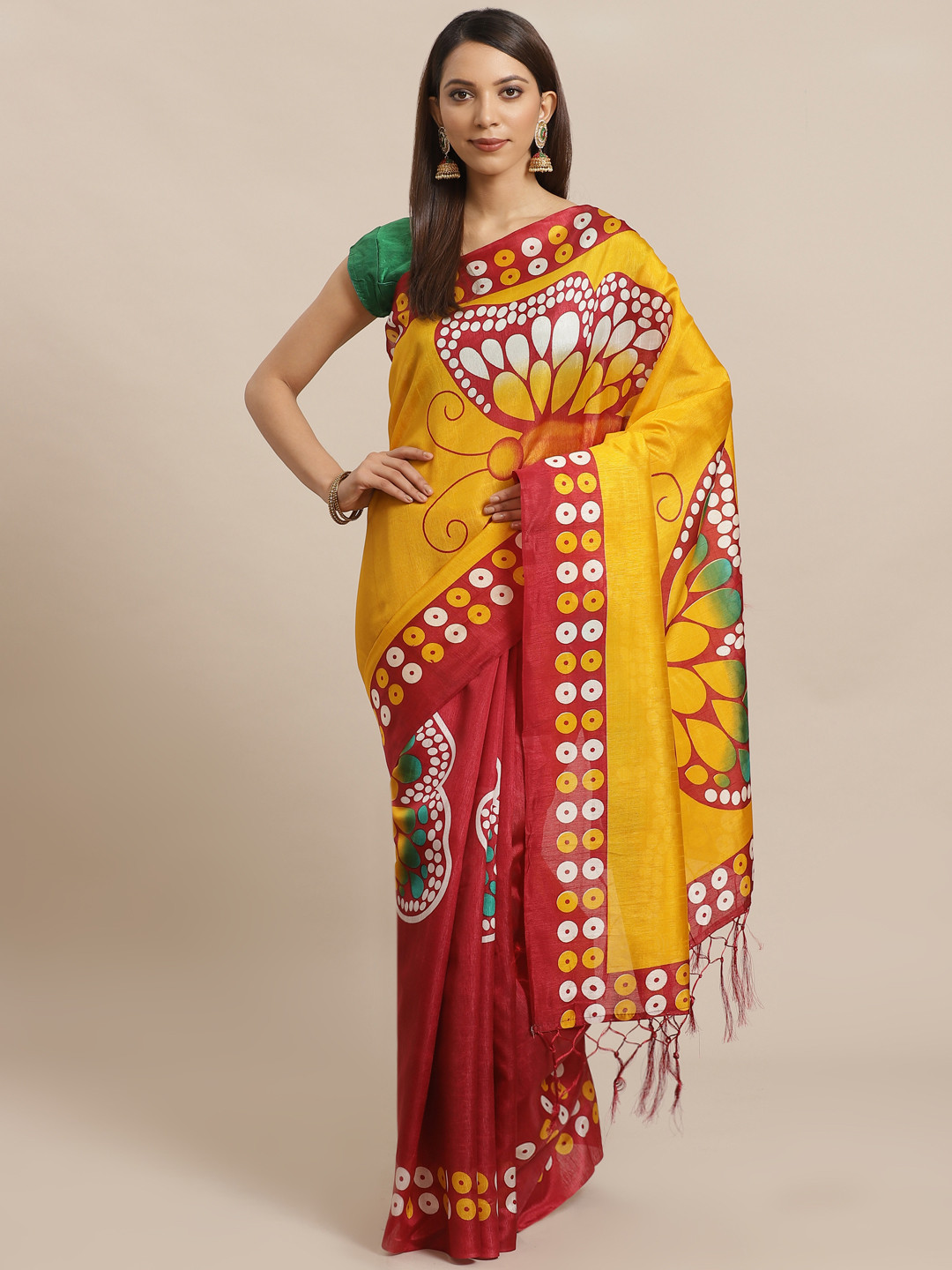 

KALINI Yellow & Red Butterfly Print Half & Half Saree