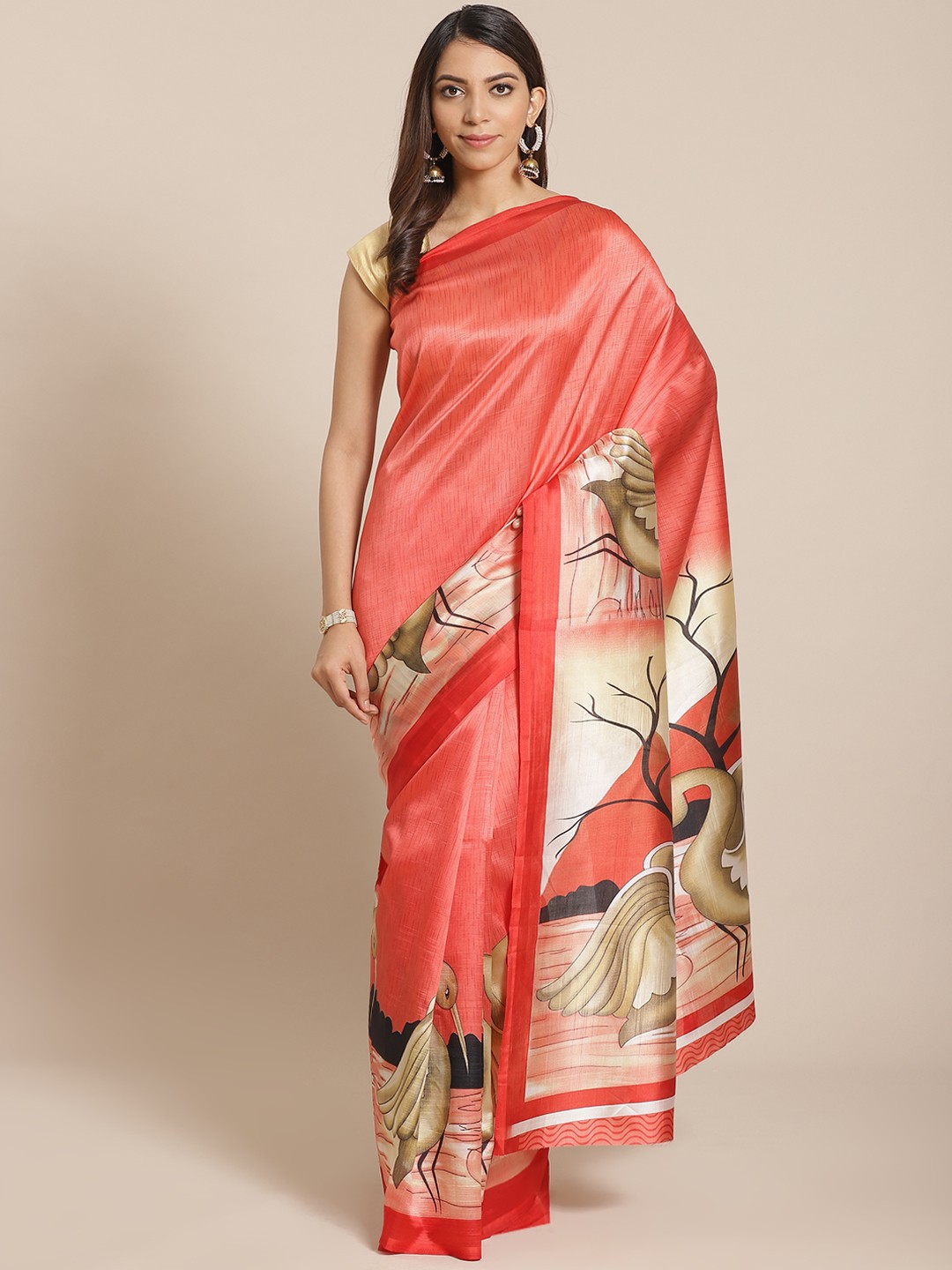 

KALINI Coral Red & Beige Pelican Print Mysore Silk Saree