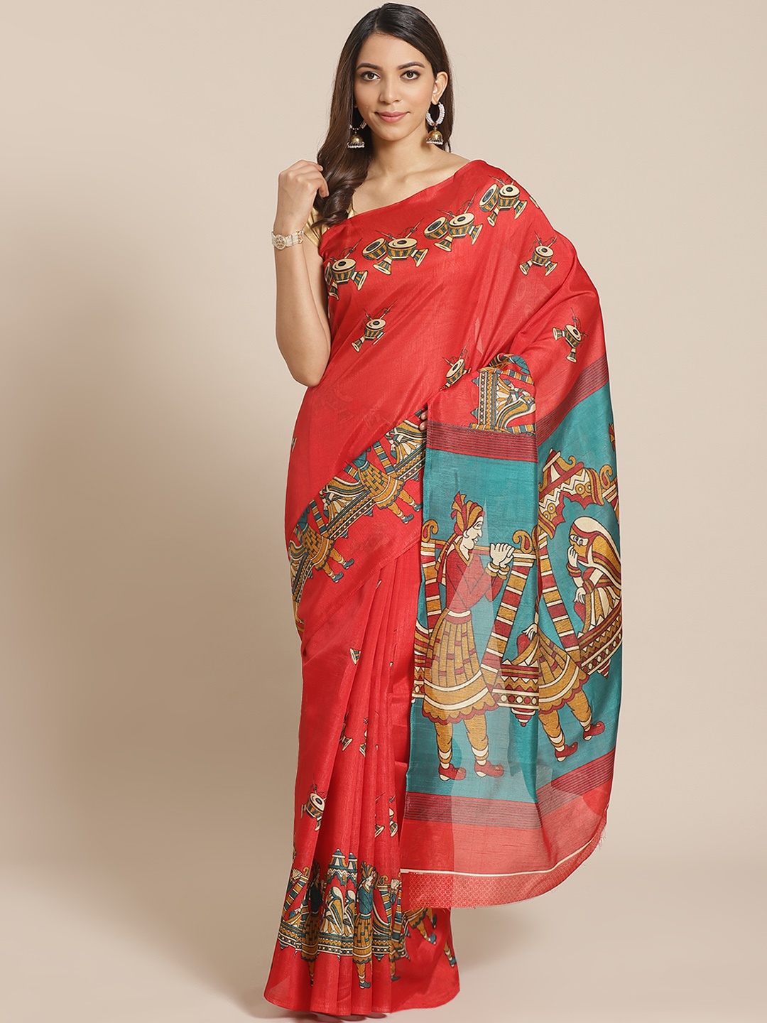 

KALINI Red & Teal Green Ethnic Motifs Print Saree