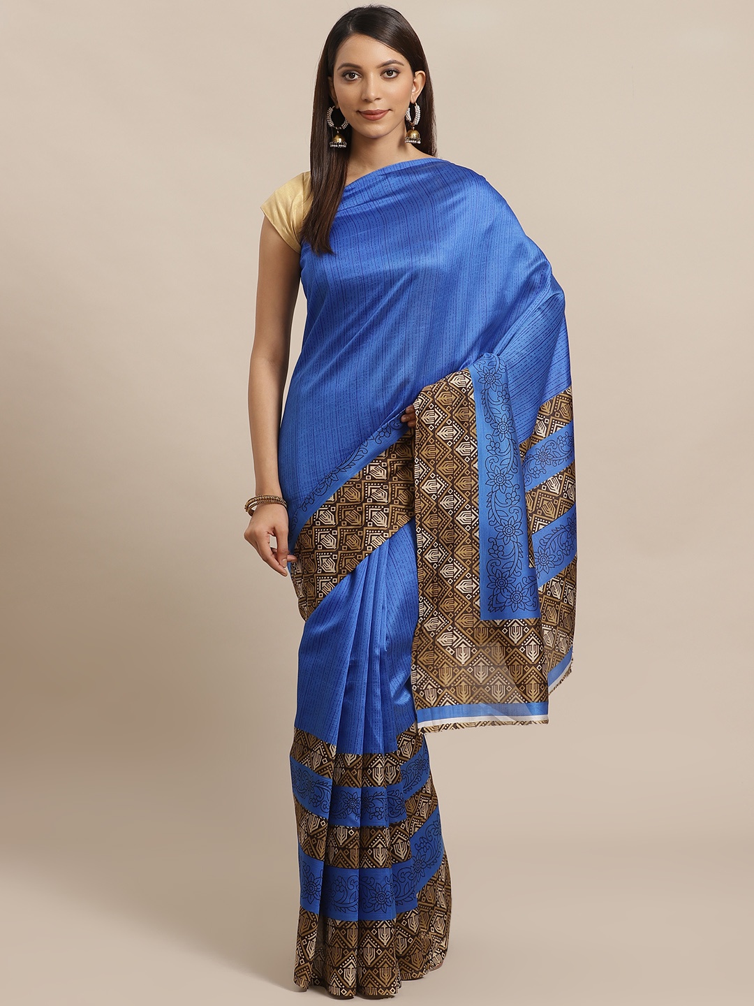 

KALINI Blue & Brown Striped Mysore Silk Saree