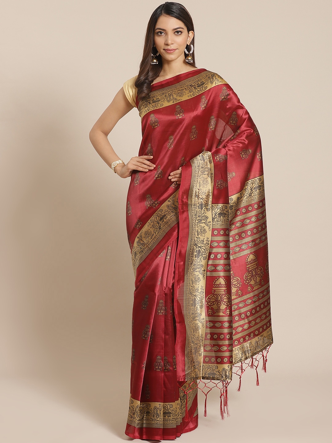 

KALINI Maroon & Beige Ethnic Motifs Print Mysore Silk Saree