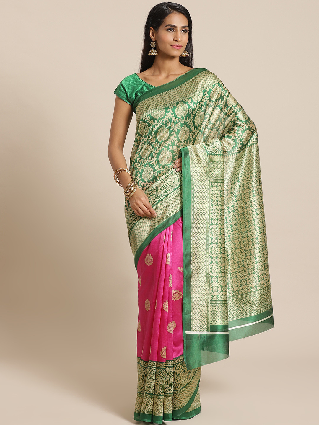 

KALINI Green & Pink Printed Half and Half Mysore Silk Saree