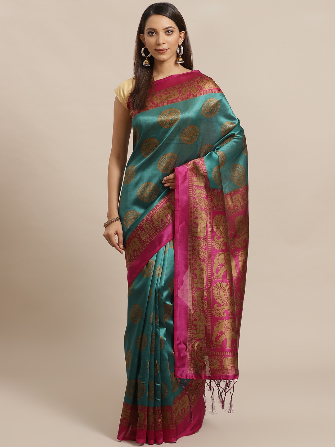 

KALINI Teal & Magenta Printed Mysore Silk Saree