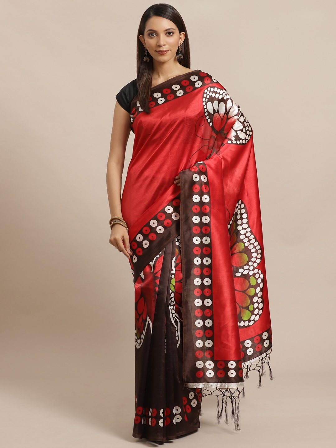 

KALINI Red & Coffee Brown Butterfly Print Saree