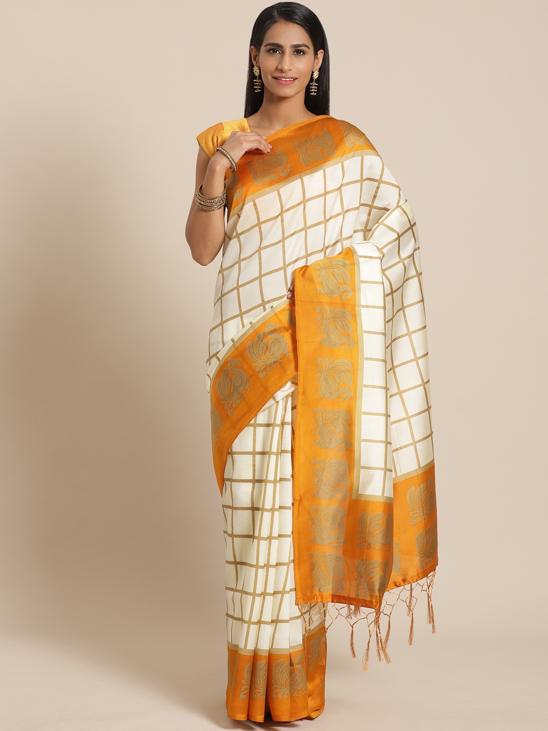

KALINI Cream-Coloured & Orange Checked Mysore Silk Saree