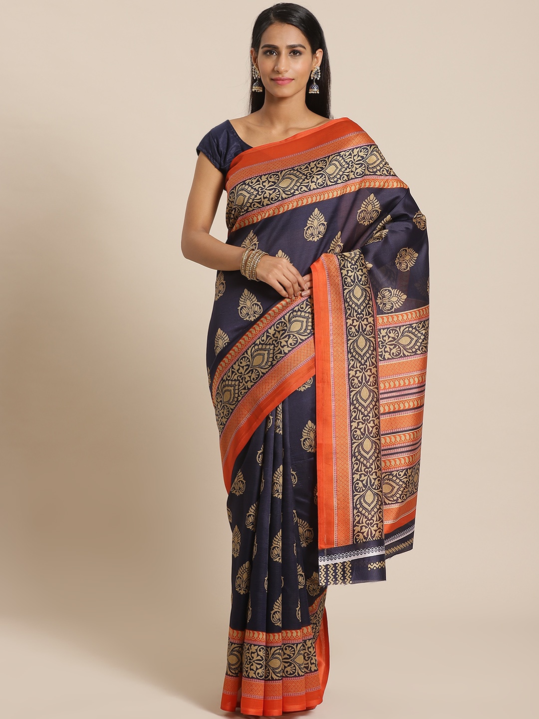 

KALINI Navy Blue & Orange Printed Mysore Silk Saree