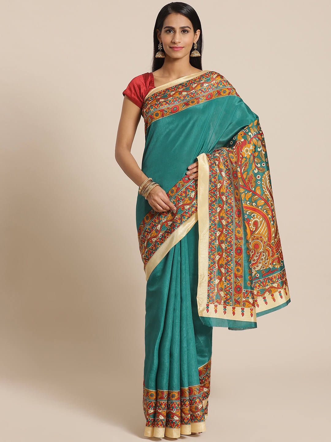 

KALINI Teal Green & Mustard Yellow Ethnic Motifs Print Mysore Silk Saree
