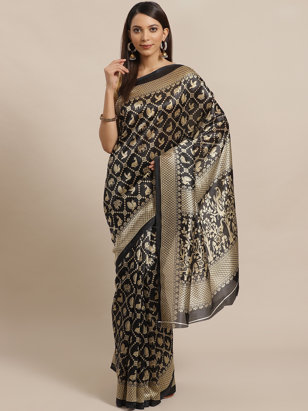 

KALINI Black & Golden Geometric Printed Mysore Silk Saree