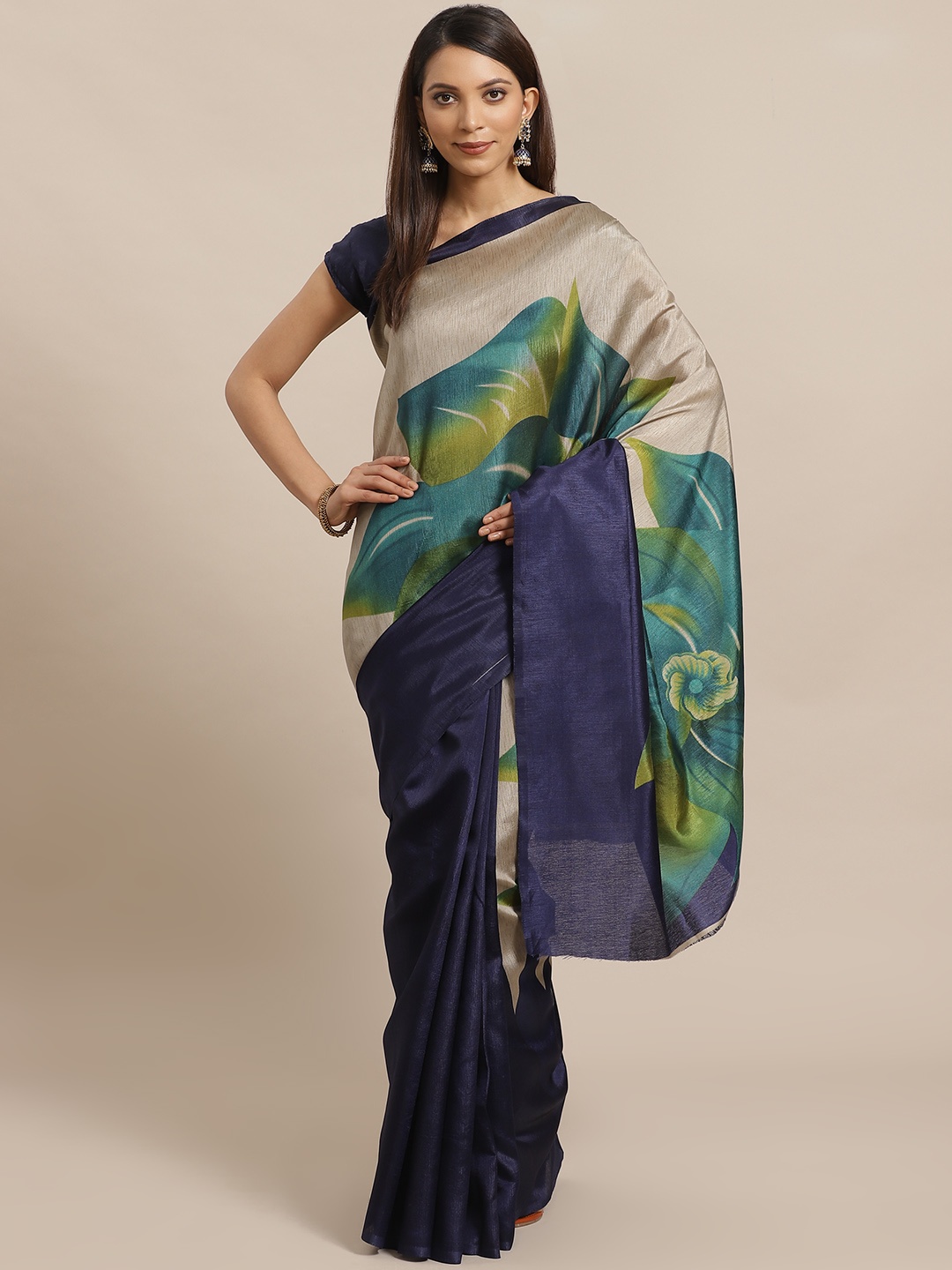 

KALINI Navy Blue & Taupe Floral Printed Mysore Silk Saree