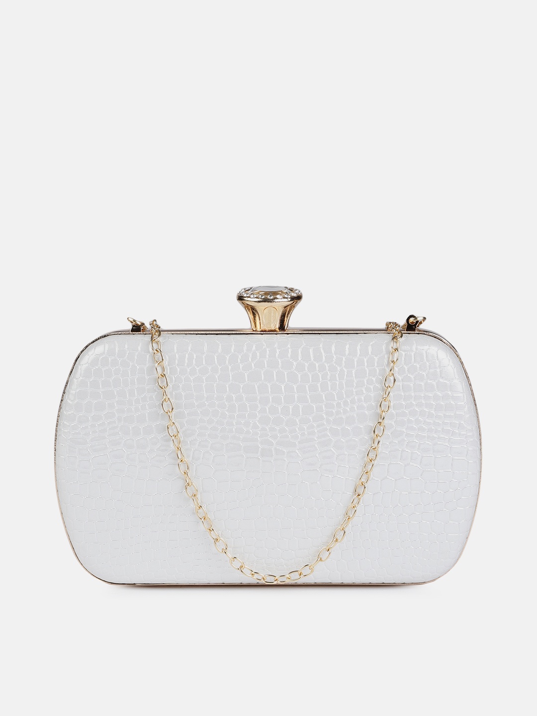 

DressBerry White Textured Embellished Box Clutch with Chain Strap