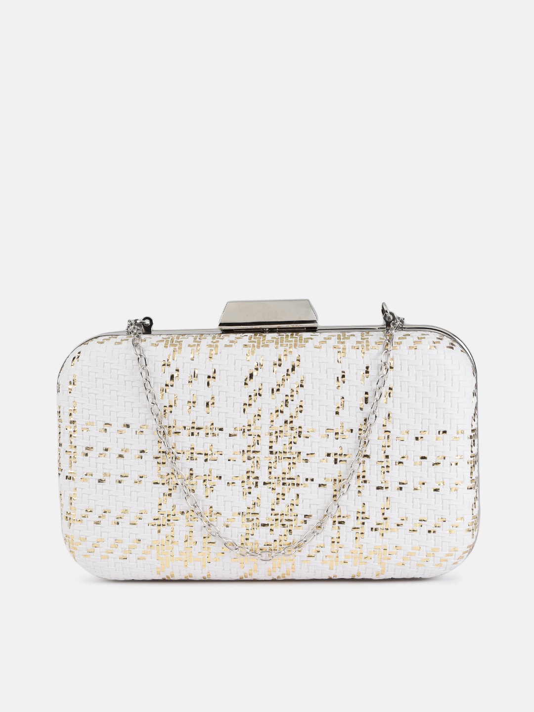 

DressBerry White & Gold-Toned Printed Box Clutch with Chain Strap