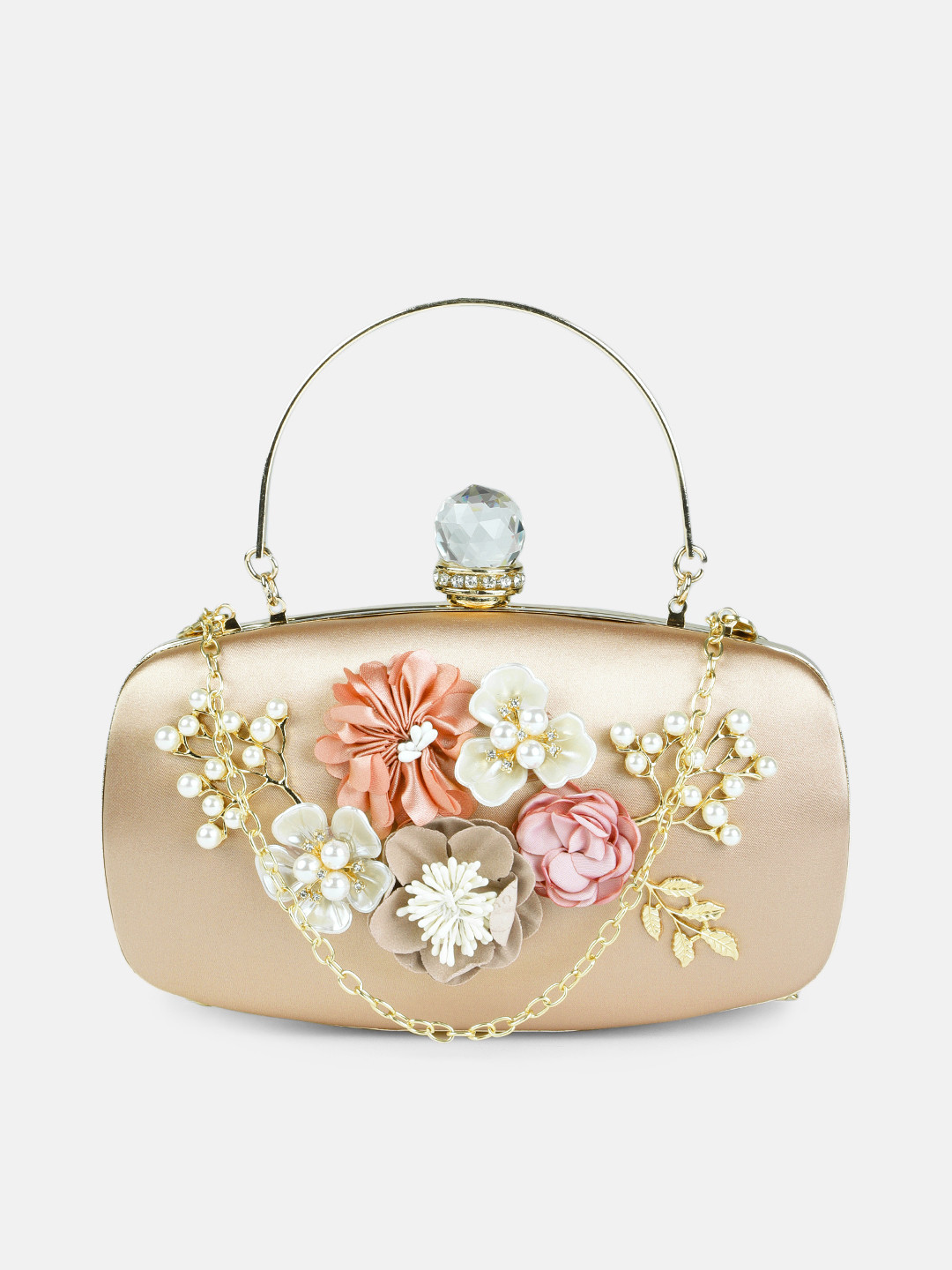 

DressBerry Gold-Toned & Pink Embellished Box Clutch with Chain Strap