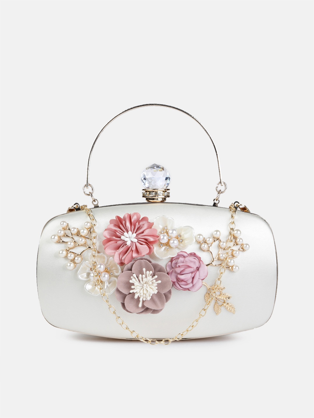 

DressBerry Off-White & Pink Embellished Box Clutch with Chain Strap