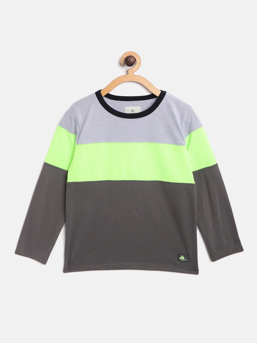 

Cherry Crumble Boys Olive Green & Lavender Colourblocked Round Neck T-shirt