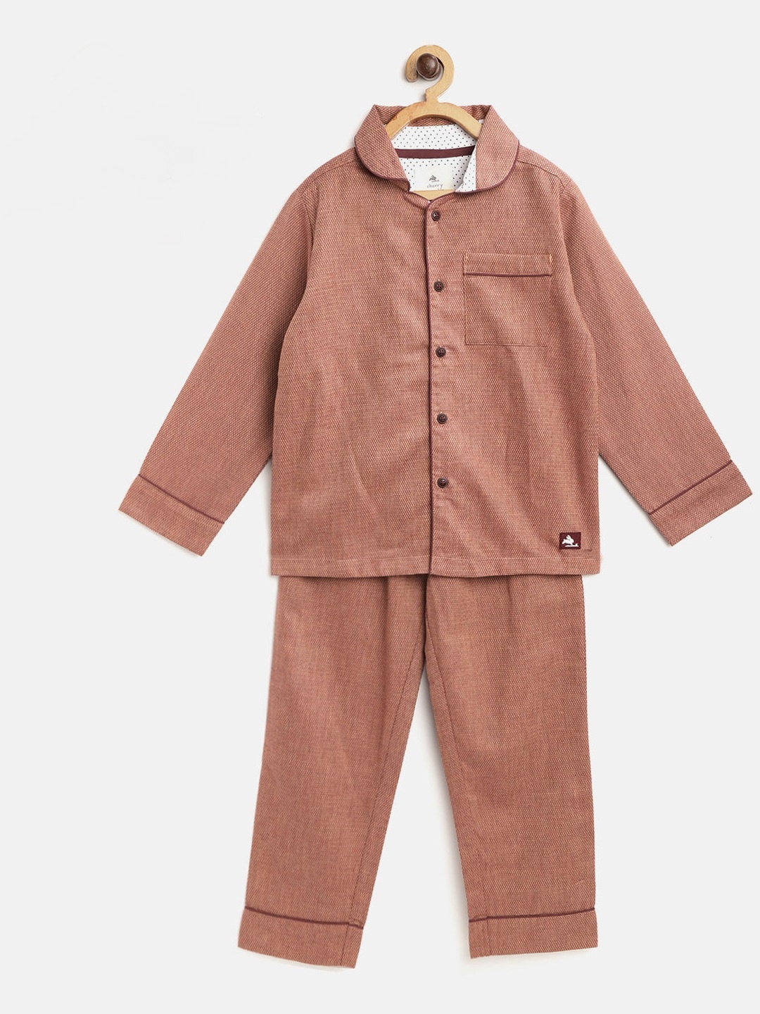 

Cherry Crumble Kids Peach-Coloured & Maroon Self Design Night suit