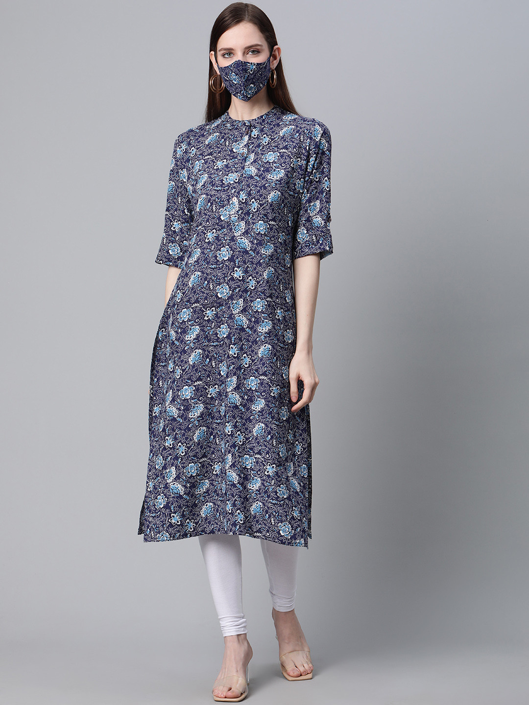 

Cayman Women Blue White Floral Printed Straight Kurta