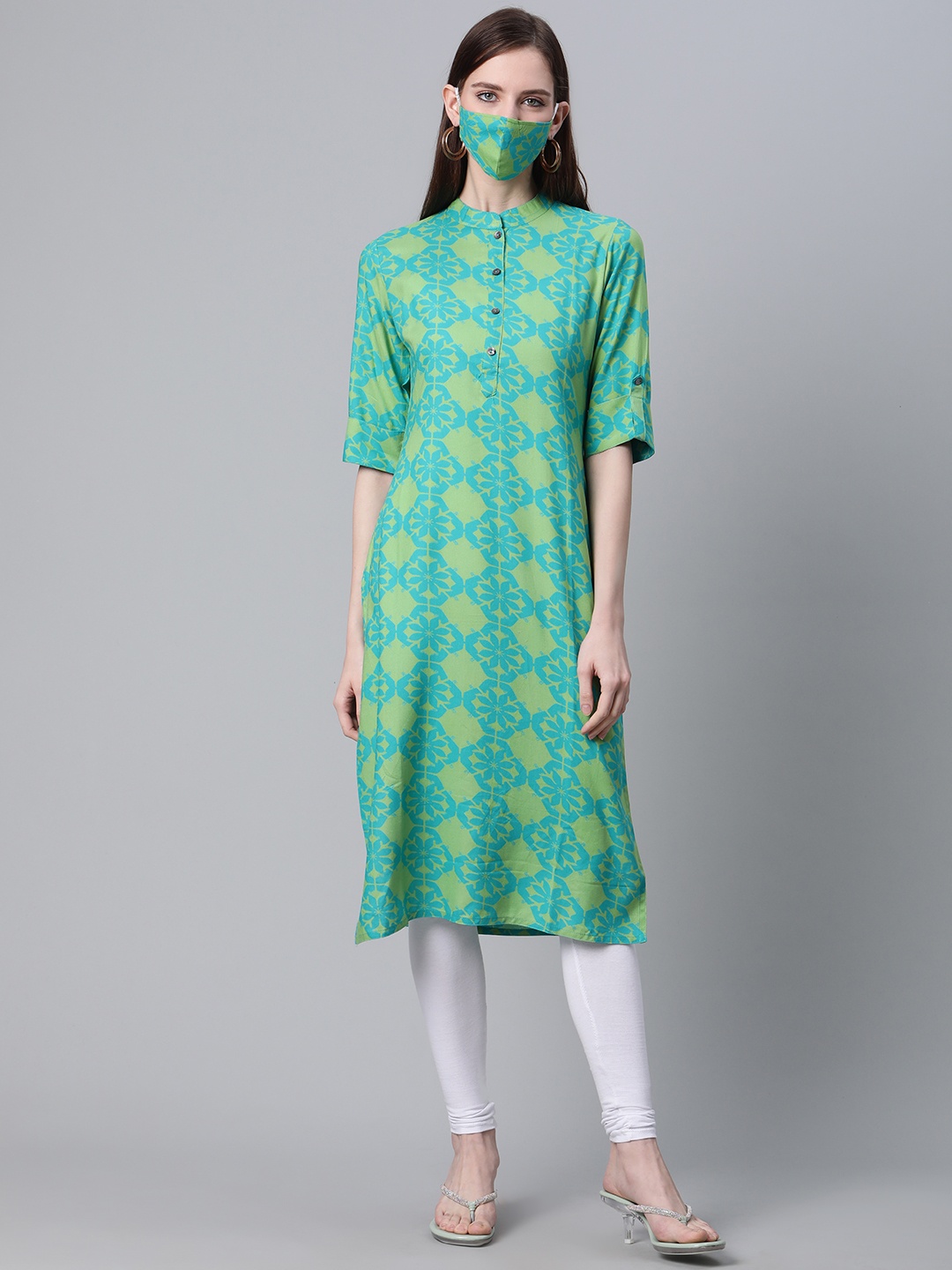 

Cayman Women Green Blue Ethnic Printed Straight Kurta