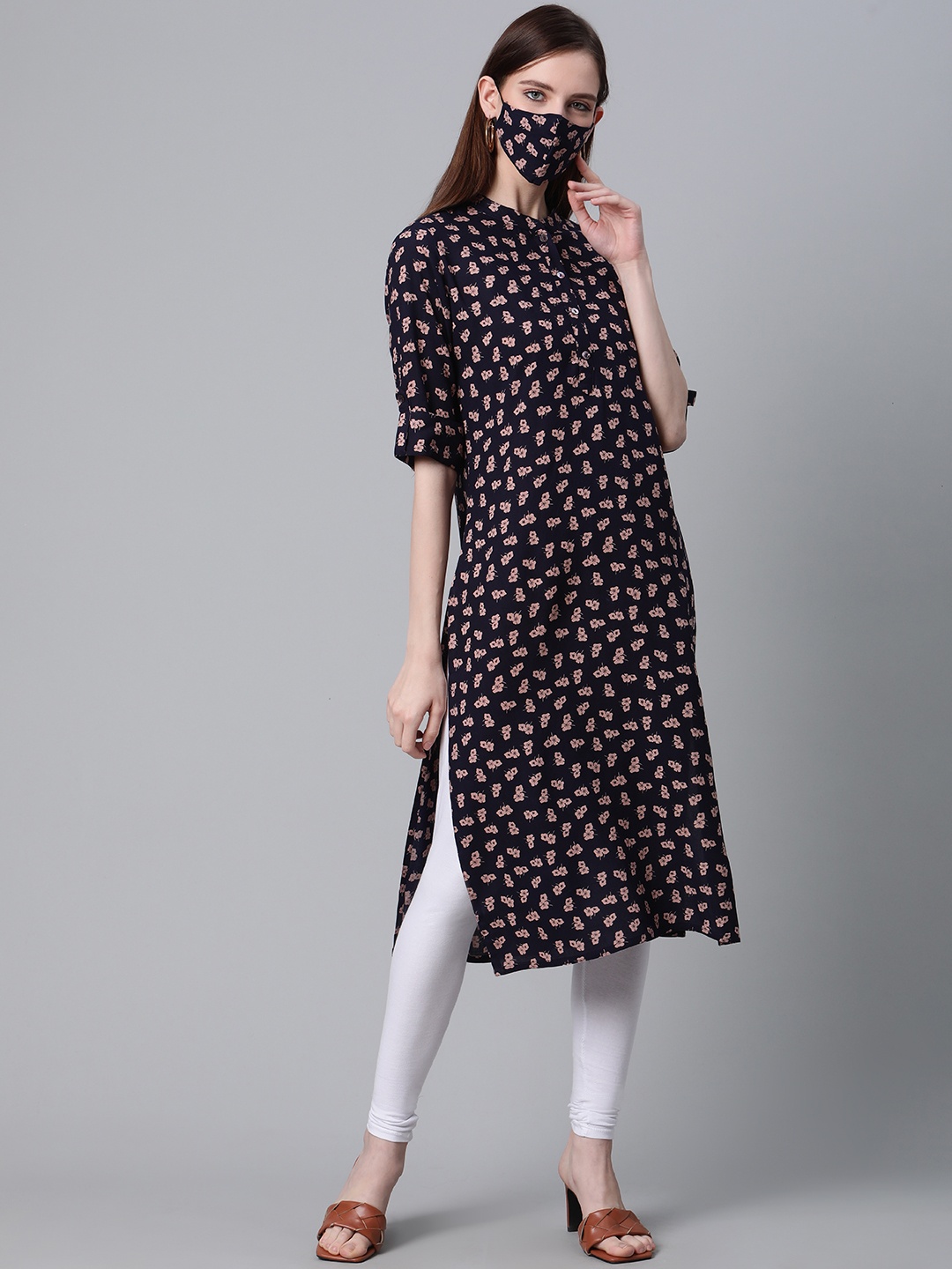 

Cayman Women Navy Blue Pink Floral Printed Straight Kurta