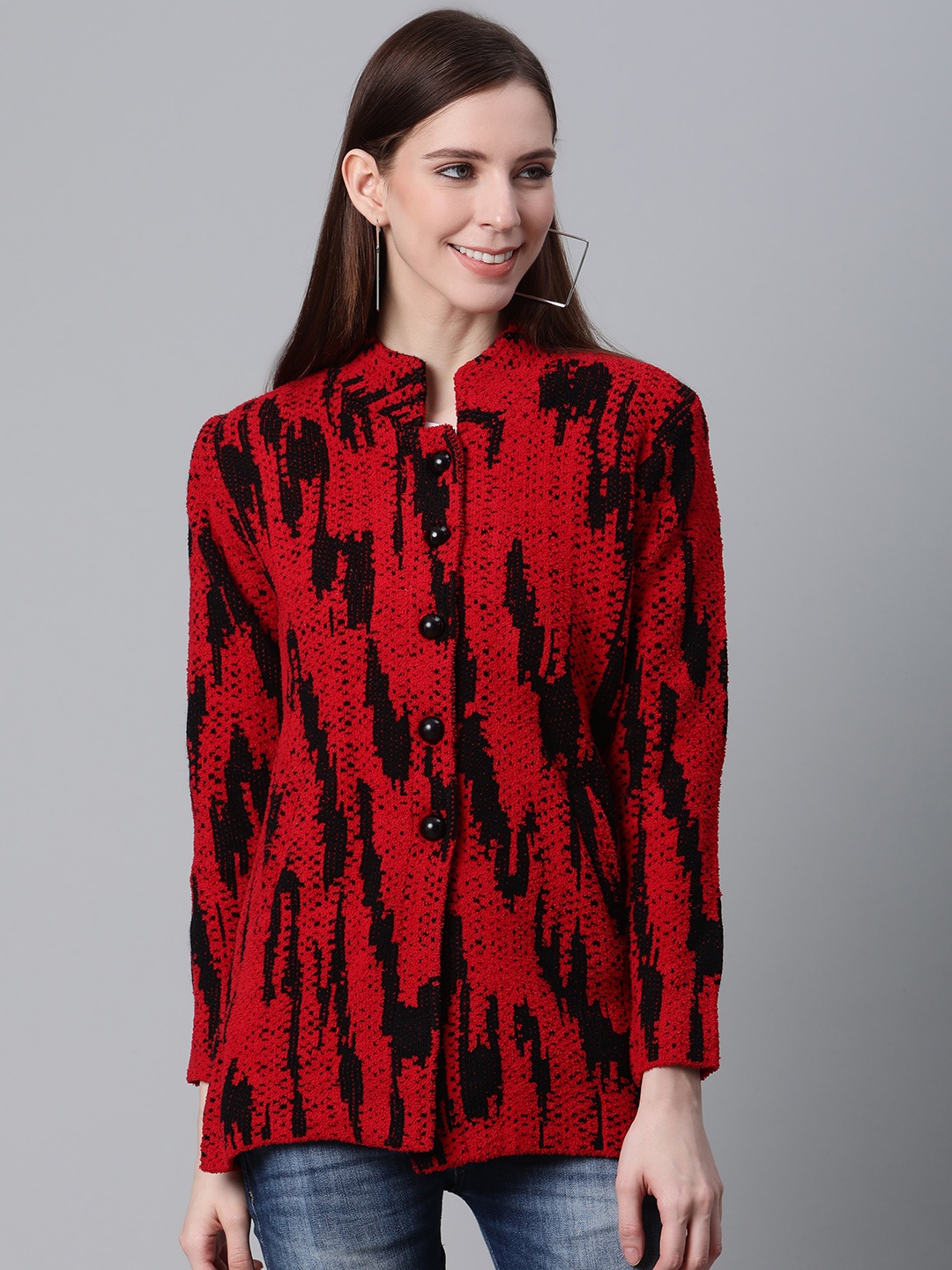 

Cayman Women Red & Black Abstract Self Design Longline Cardigan Sweater