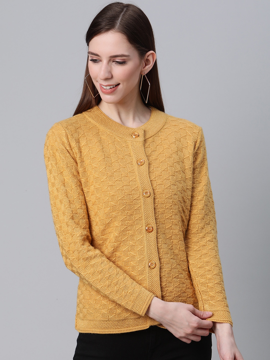 

Cayman Women Mustard Yellow Geometric Self Design Cardigan Sweater