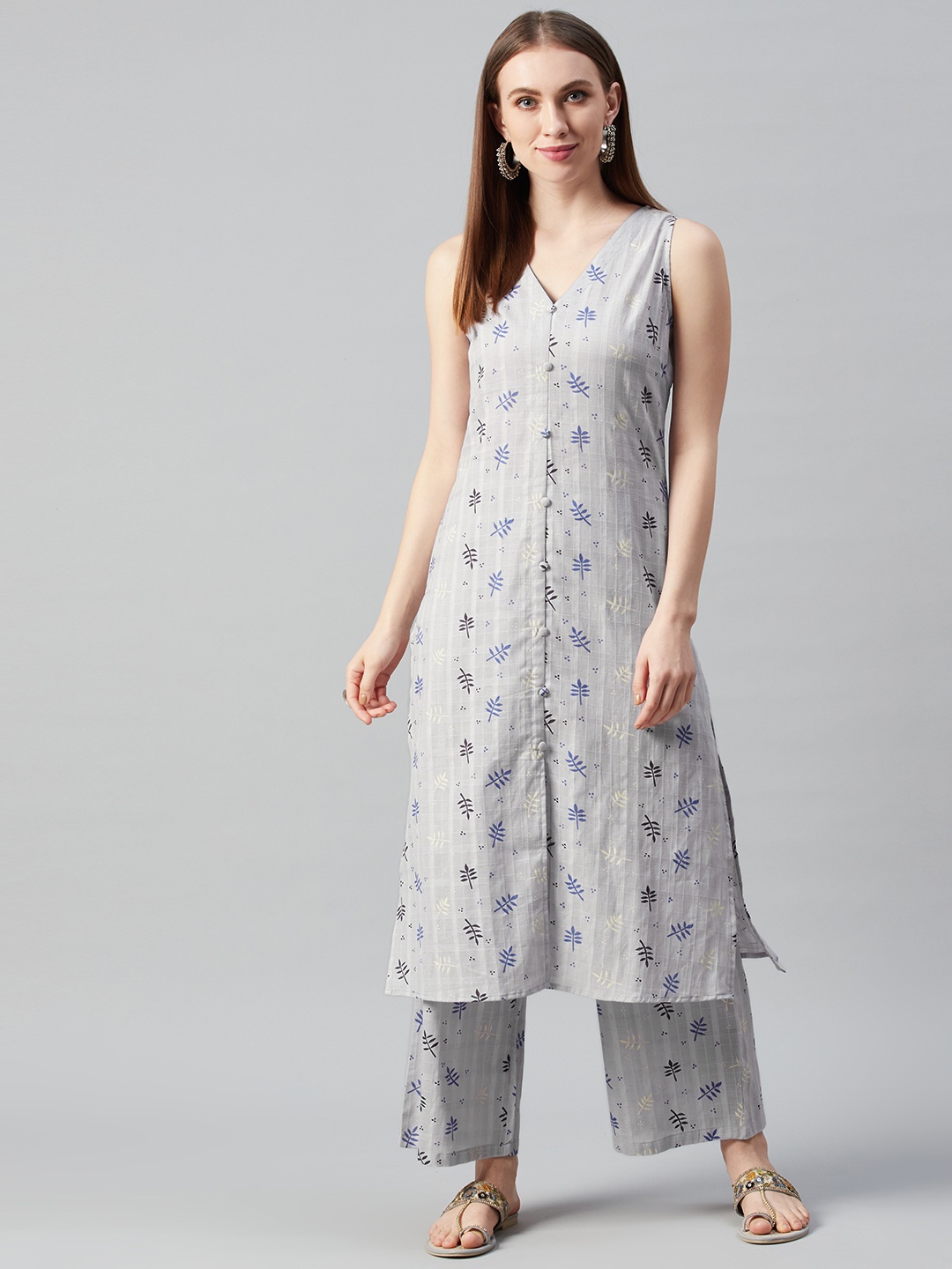 

anayna Women Grey & Blue Ethnic Motifs Printed Kurta with Palazzos