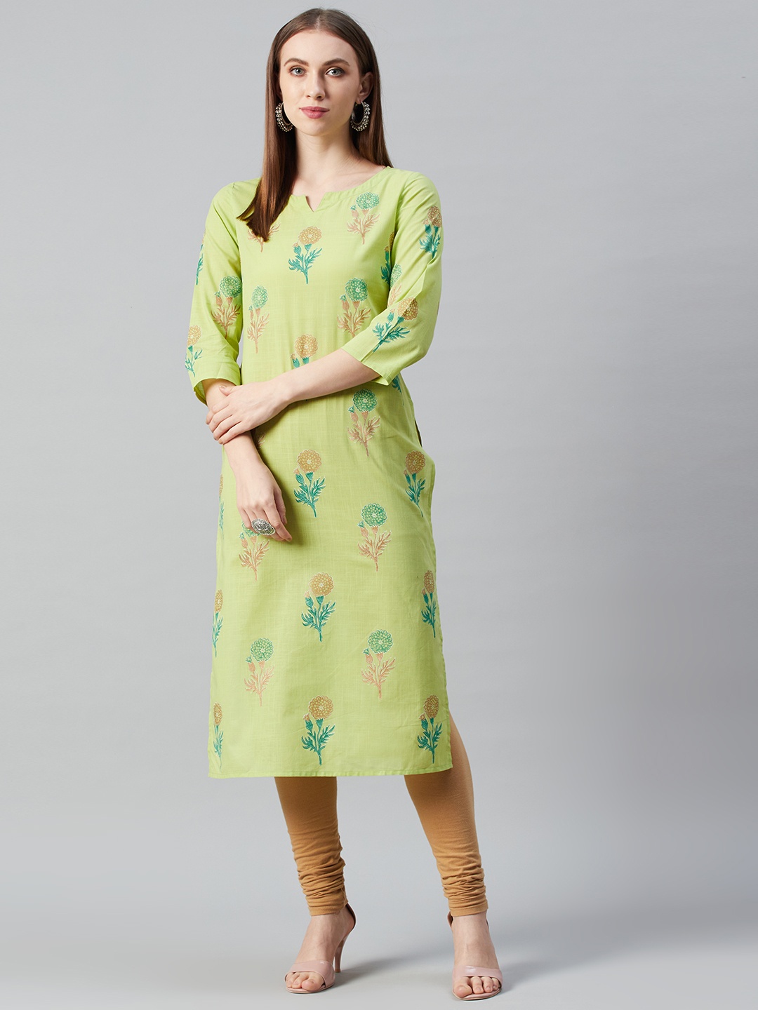 

anayna Women Green & Golden Block Print Straight Kurta