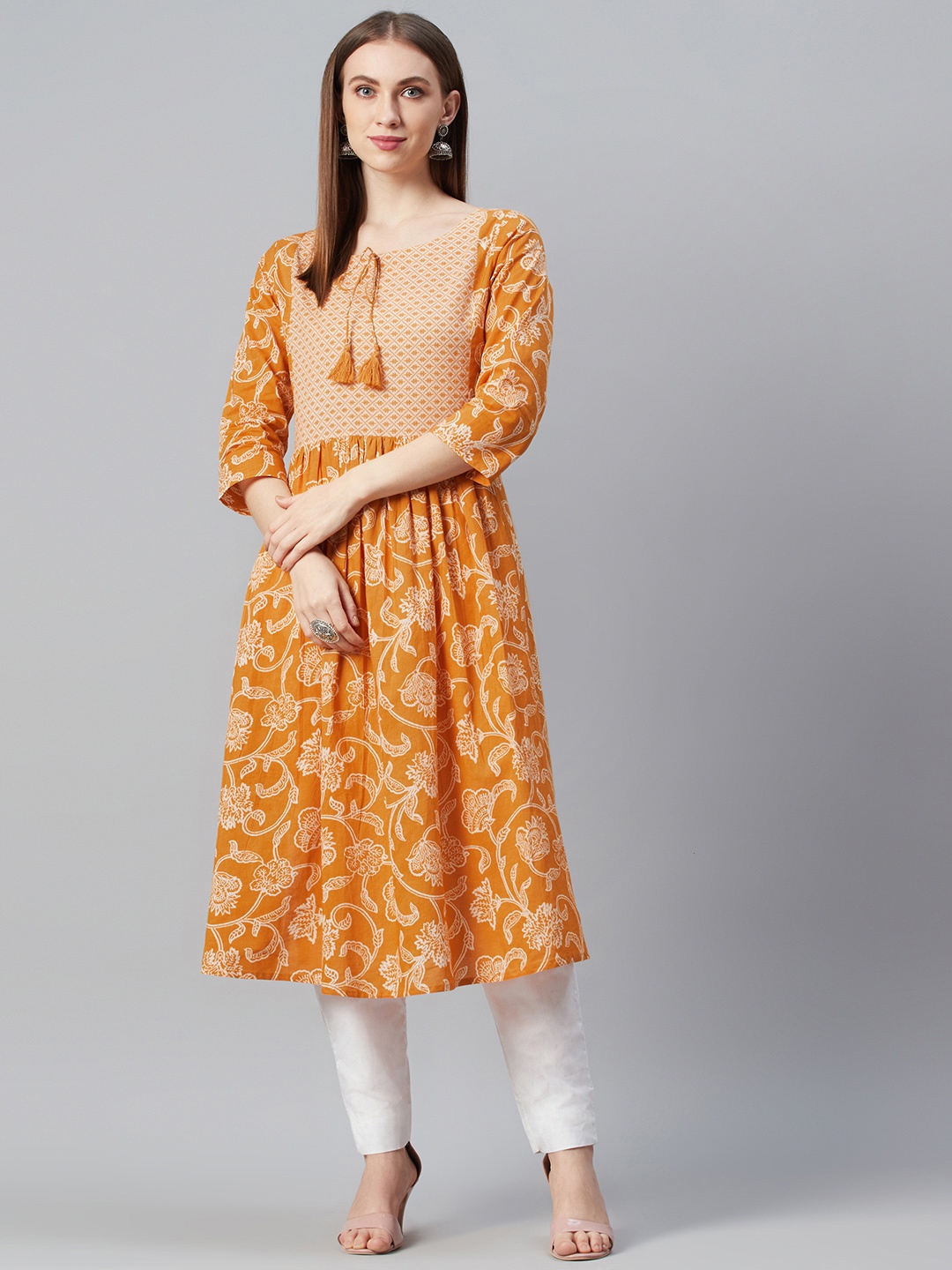 

anayna Women Mustard Yellow Printed A-Line Kurta