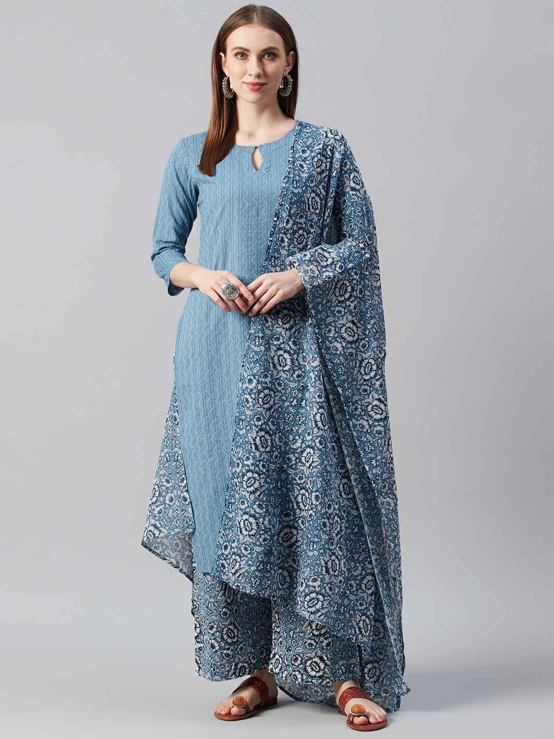 

anayna Women Blue & White Self Striped Kantha Work Kurta with Trousers & Dupatta