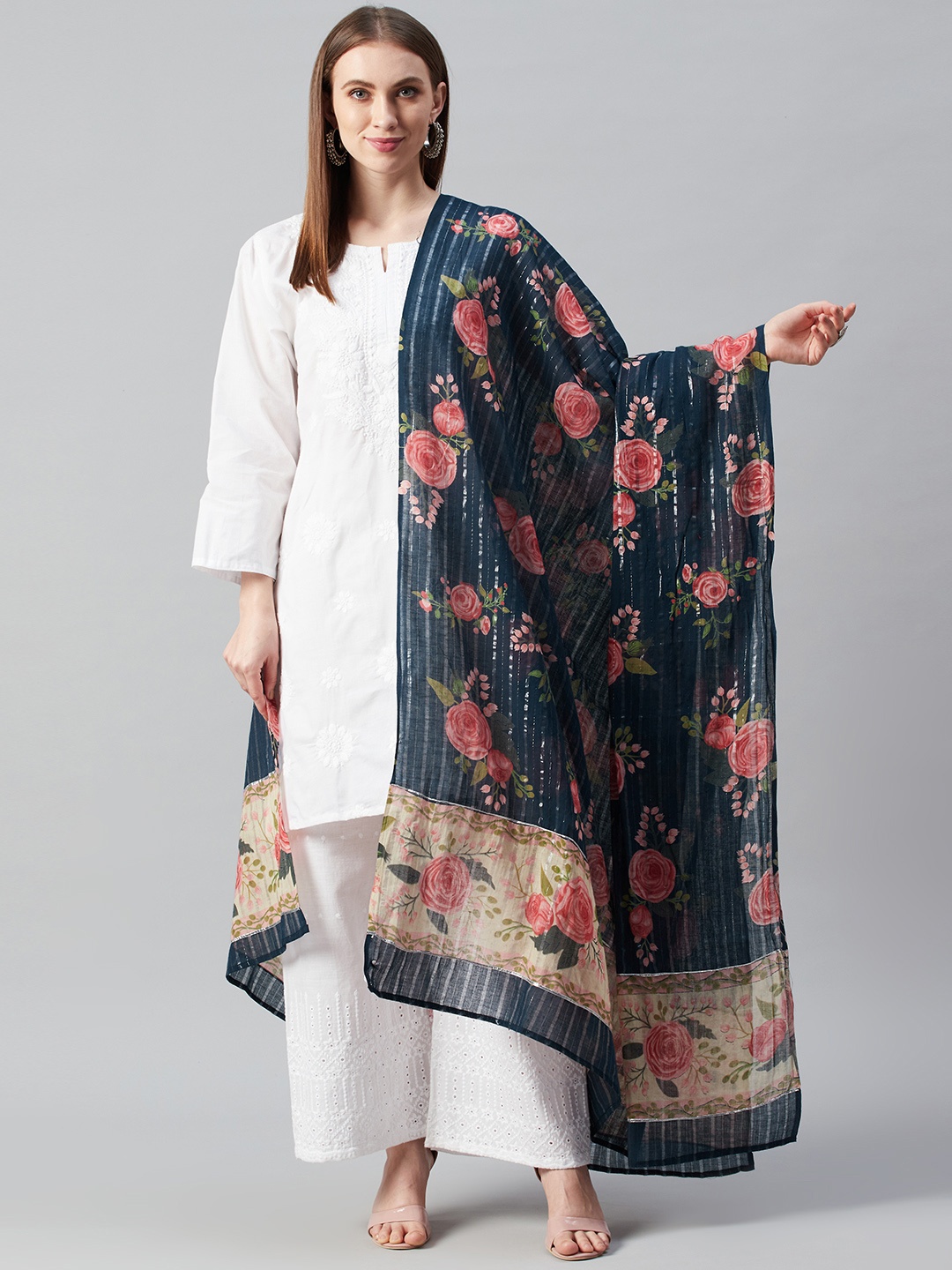 

anayna Navy Blue & Pink Floral Print Cotton Dupatta