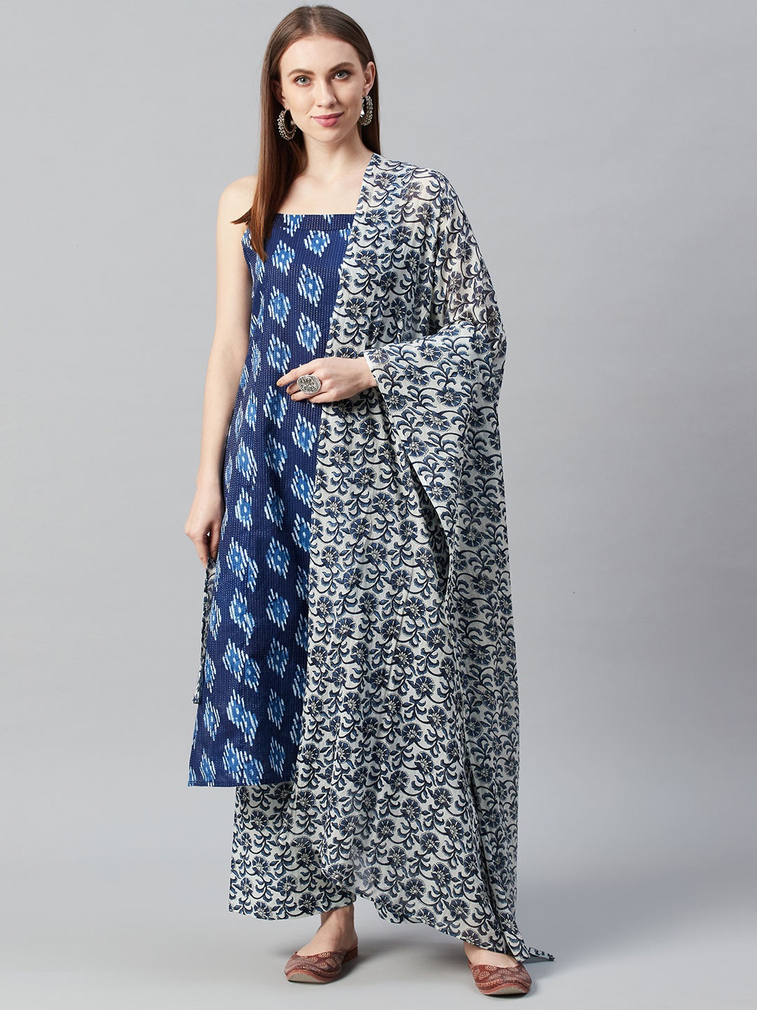 

anayna Women Blue & Off-White Printed Kurta with Palazzos & Dupatta