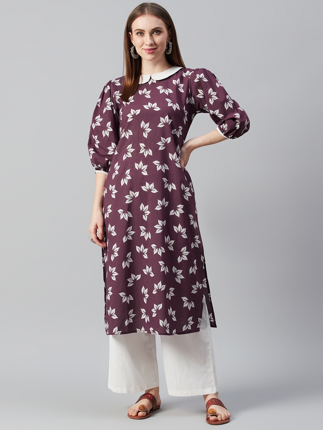 

anayna Women Purple & White Floral Print Kurta with Palazzos