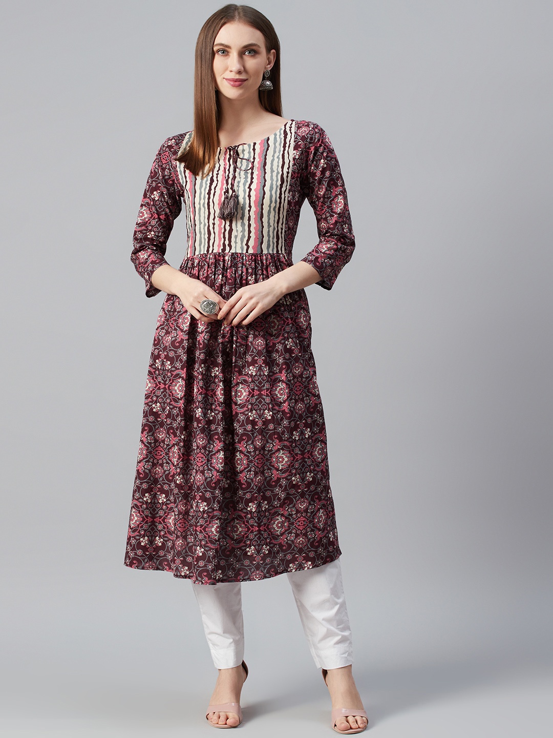 

anayna Women Burgundy & Pink Printed A-Line Kurta