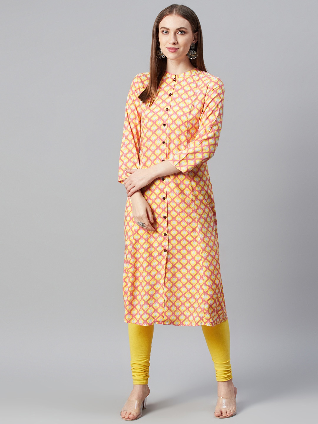 

anayna Women Pink & Yellow Printed A-Line Kurta