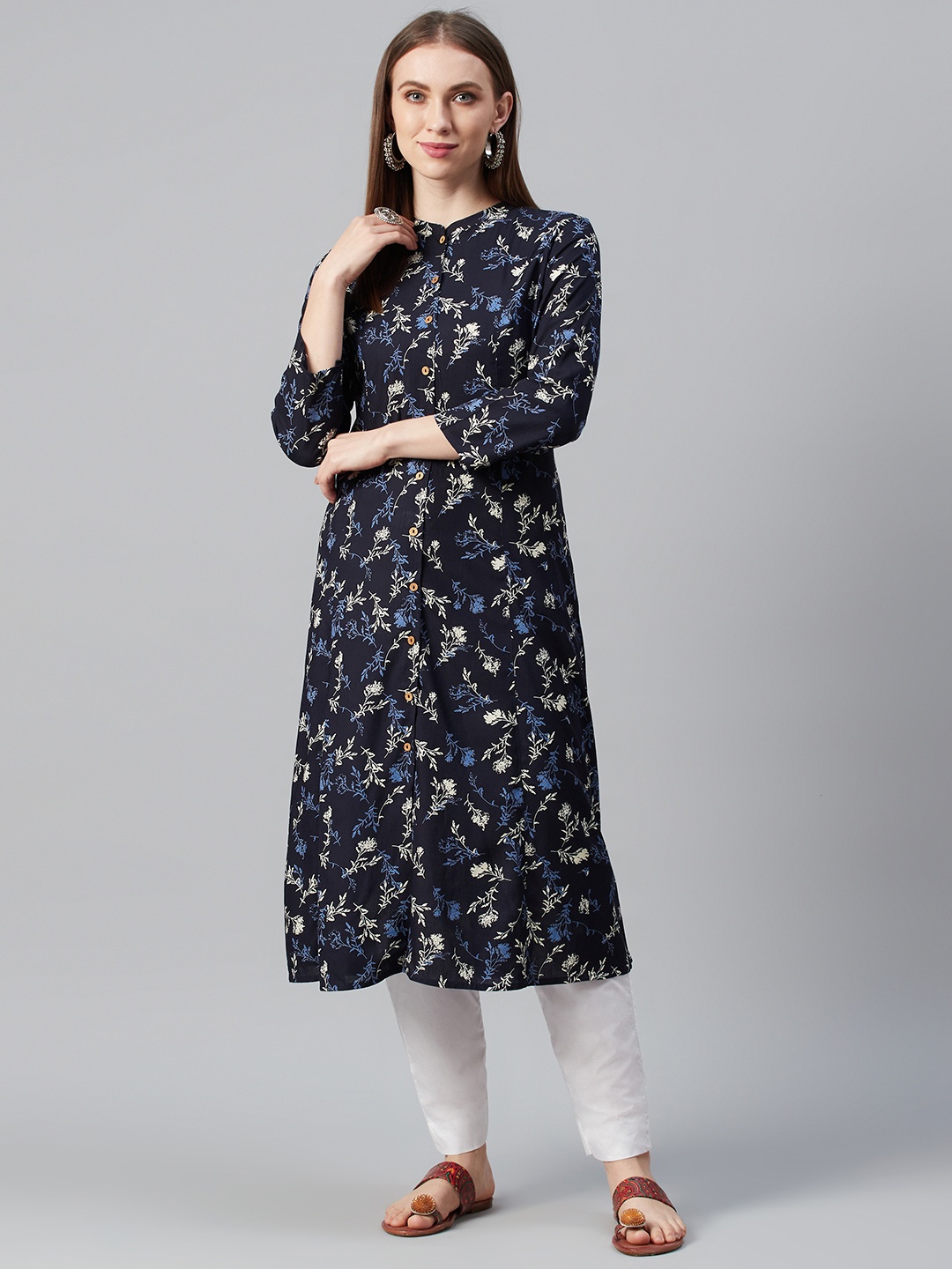 

anayna Women Navy Blue & Off-White Printed A-Line Kurta