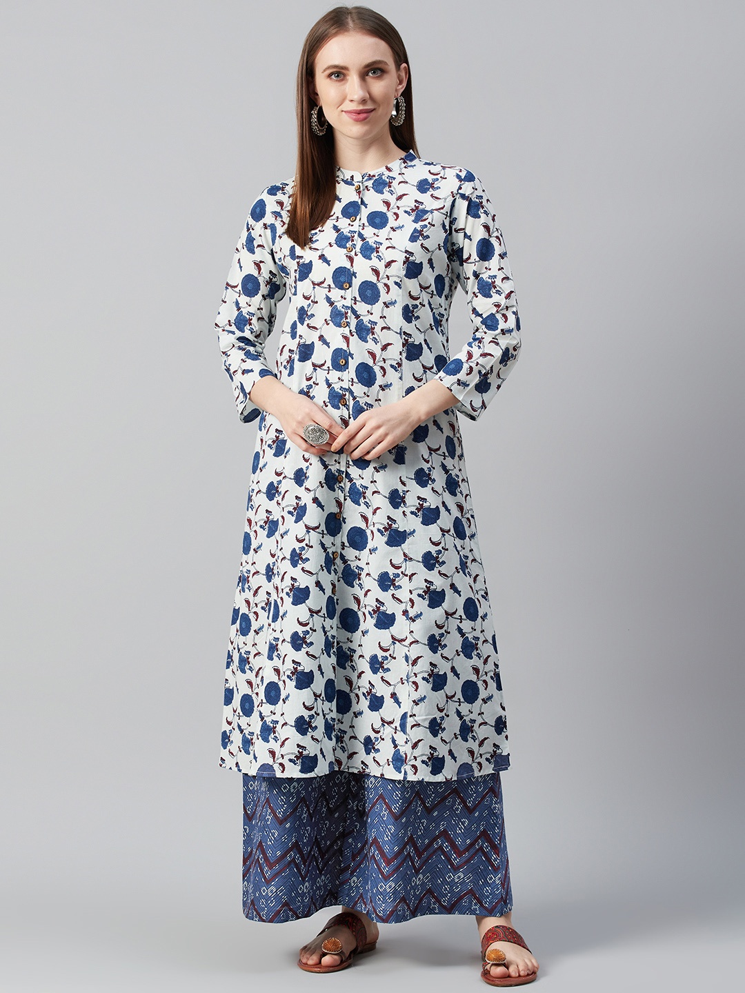 anayna Women White & Navy Blue Printed Kurta with Palazzos