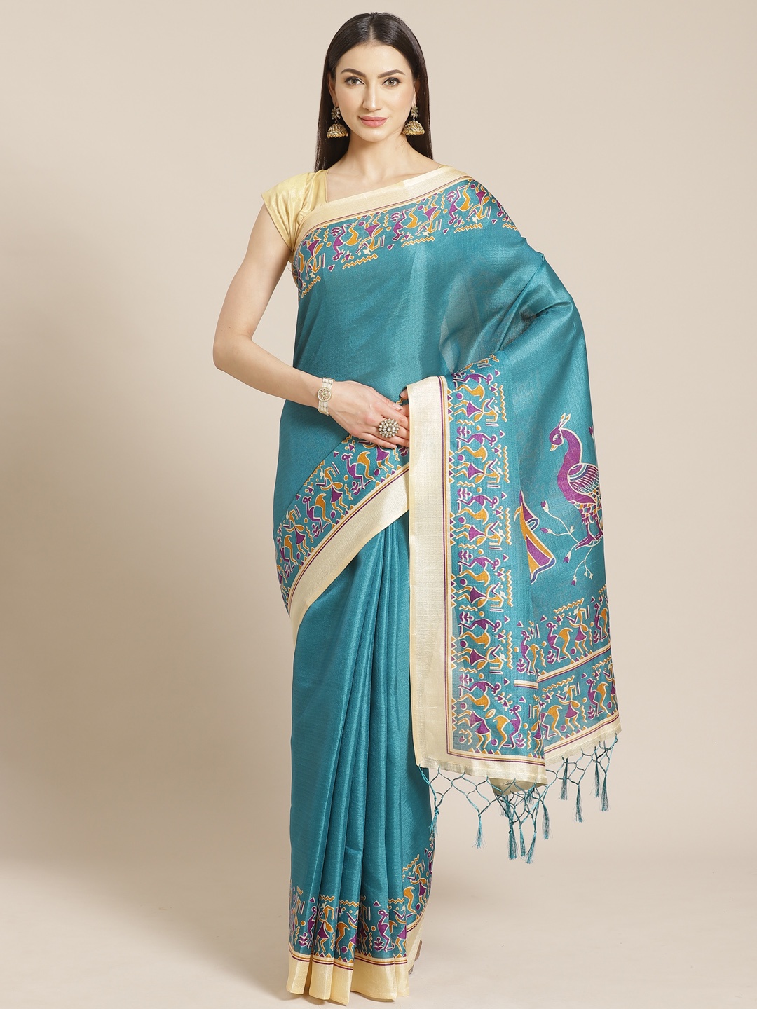 

Mitera Teal Green Solid Saree