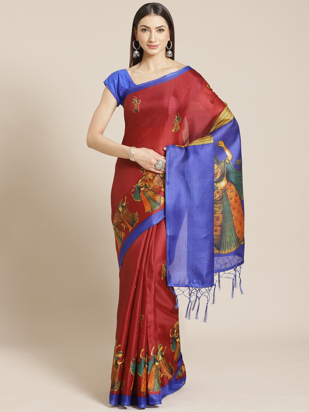 

Mitera Burgundy & Mustard Yellow Printed Saree