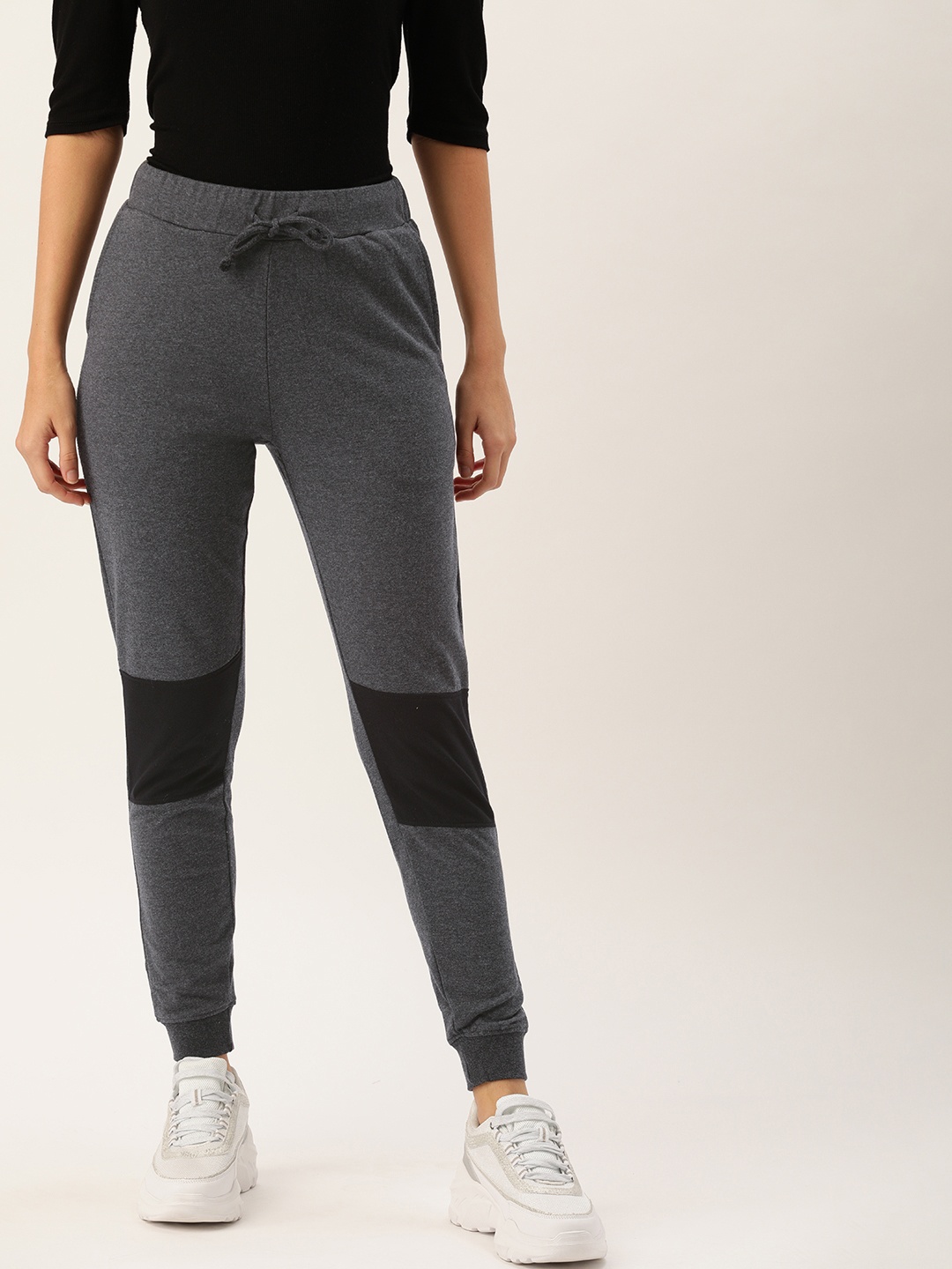 

Flying Machine Women Charcoal Grey & Black Colourblocked Joggers