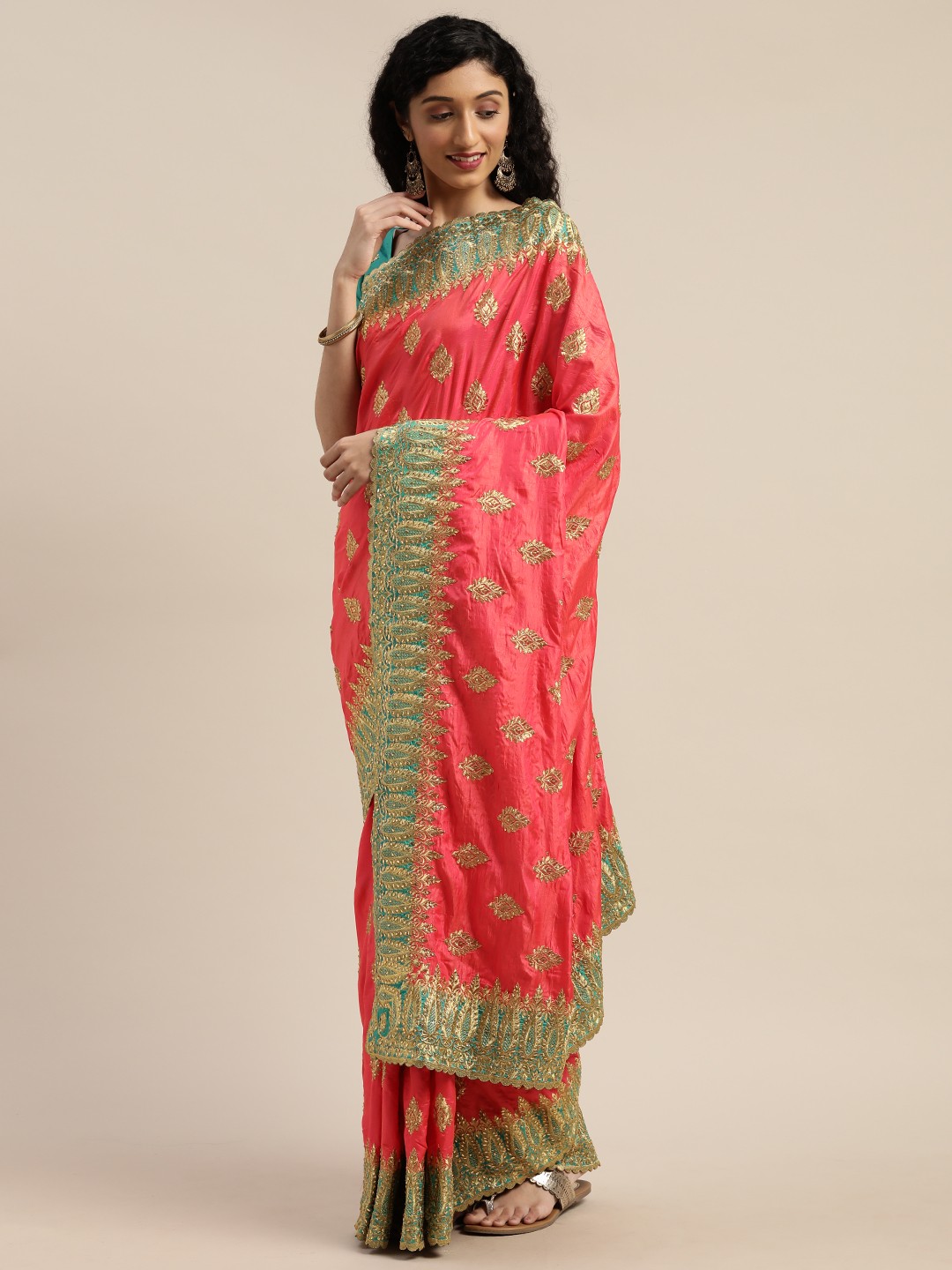 

Om Shantam Sarees Coral Pink & Gold-Toned Silk Blend Embroidered Saree