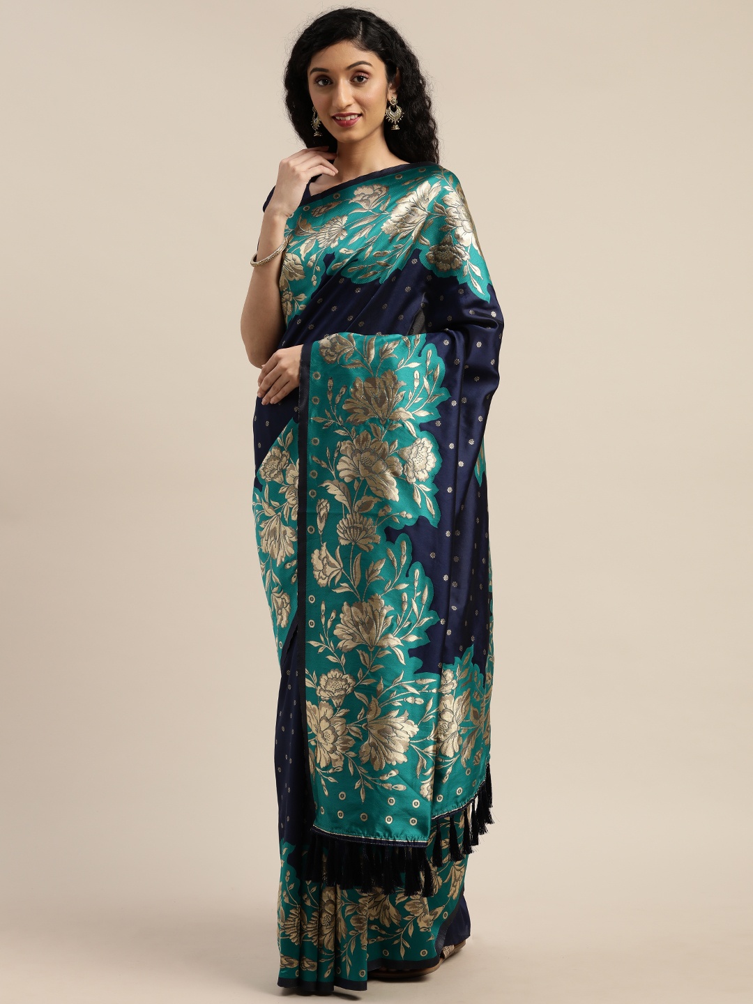 

Om Shantam Sarees Navy Blue & Gold-Toned Silk Blend Woven Design Banarasi Saree