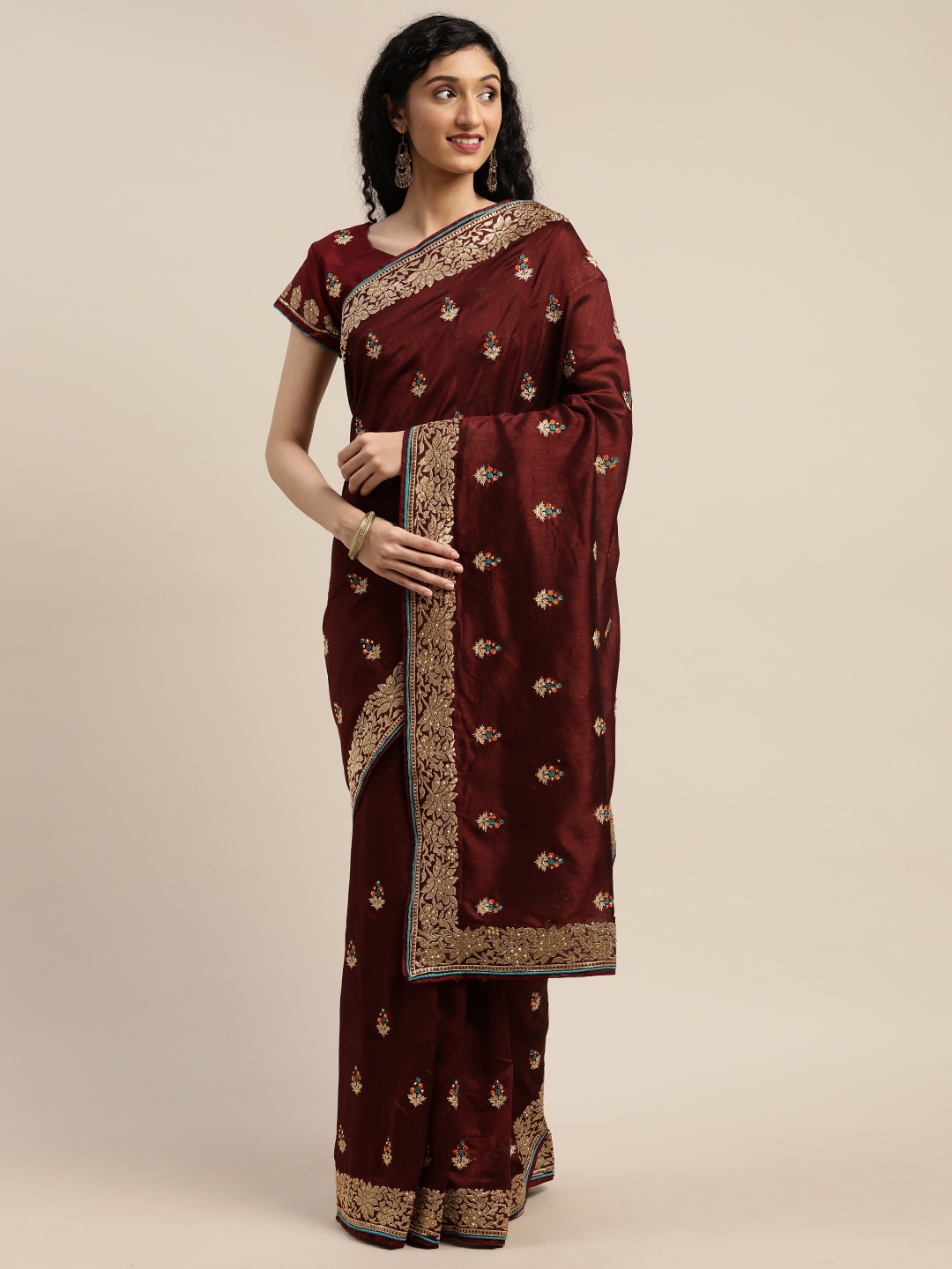 

Om Shantam Sarees Maroon & Gold-Toned Poly Crepe Embellished Saree