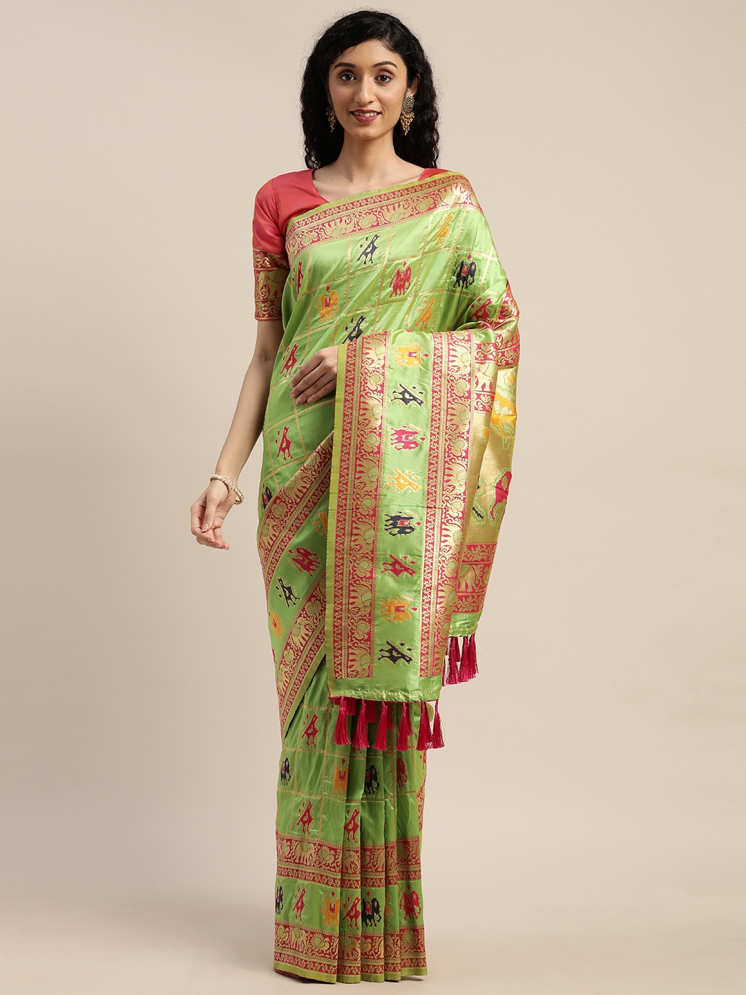 

Om Shantam Sarees Green & Pink Silk Blend Woven Design Patola Saree