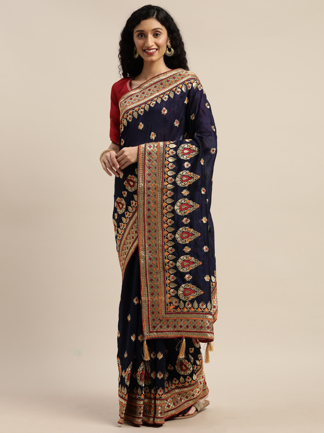 

Om Shantam Sarees Navy Blue Embroidered Poly Crepe Saree