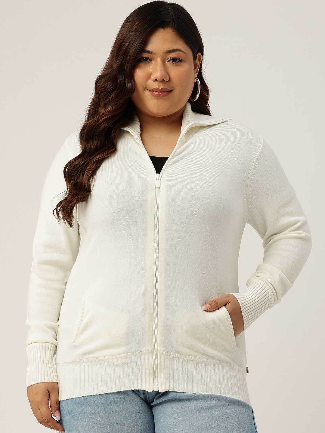

Madame Plus Size Mock Collar Drop-Shoulder Cardigan, Off white