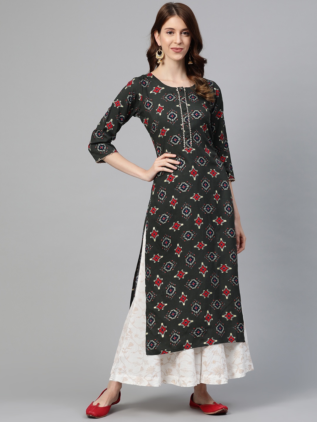 

Ginni Arora Label Women Charcoal & Navy Blue Geometric Printed Straight Kurta