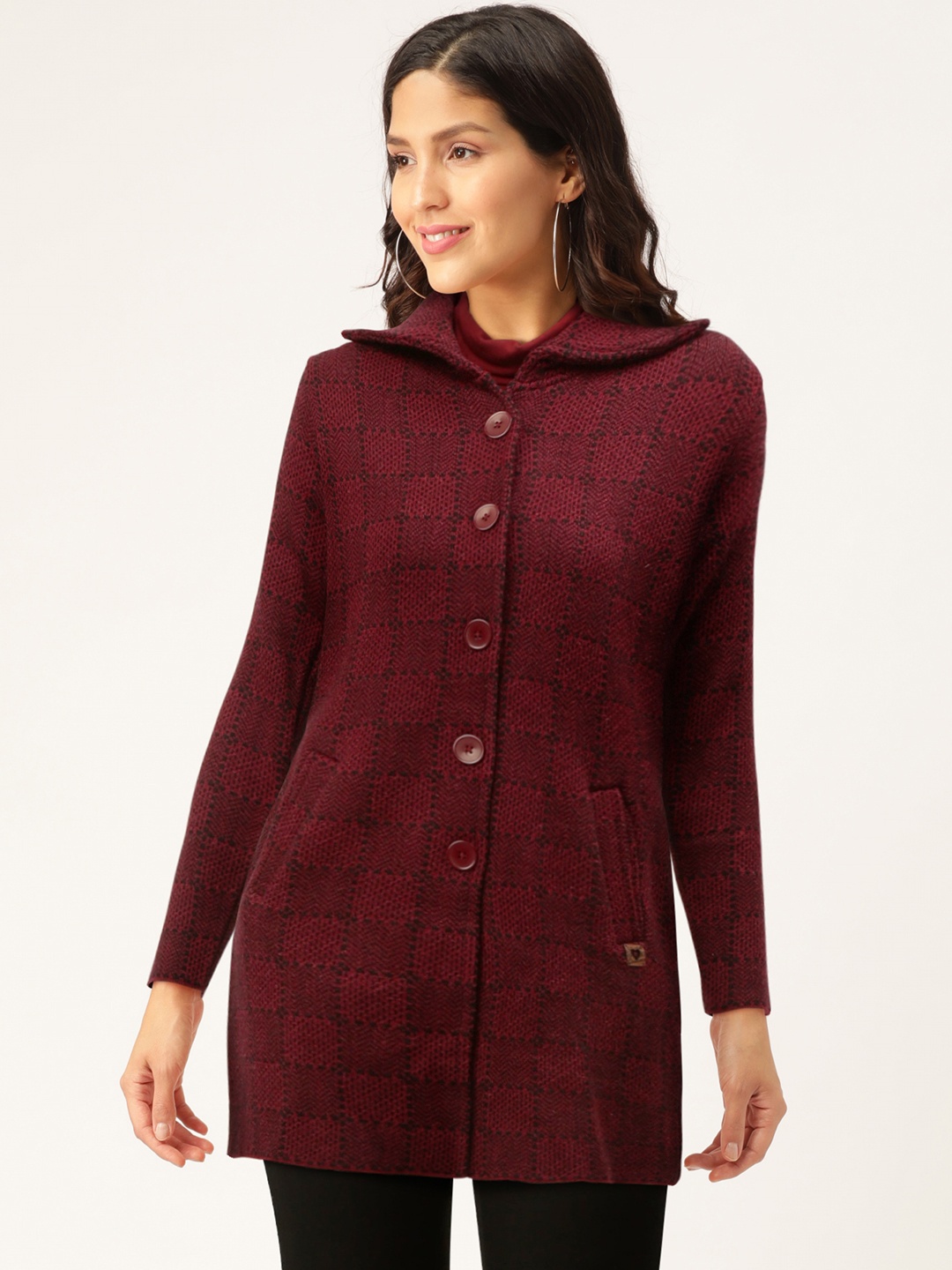

Duke Women Maroon & Black Checked Longline Cardigan