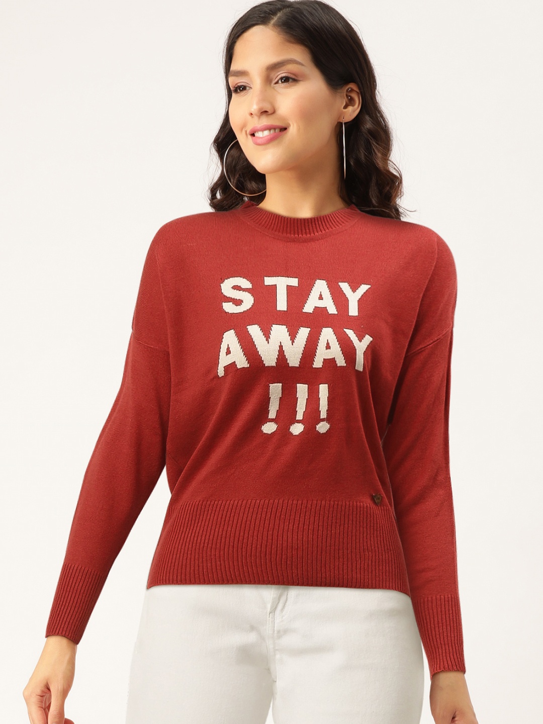 

Duke Women Coral Red & White Self Design Pullover Sweater