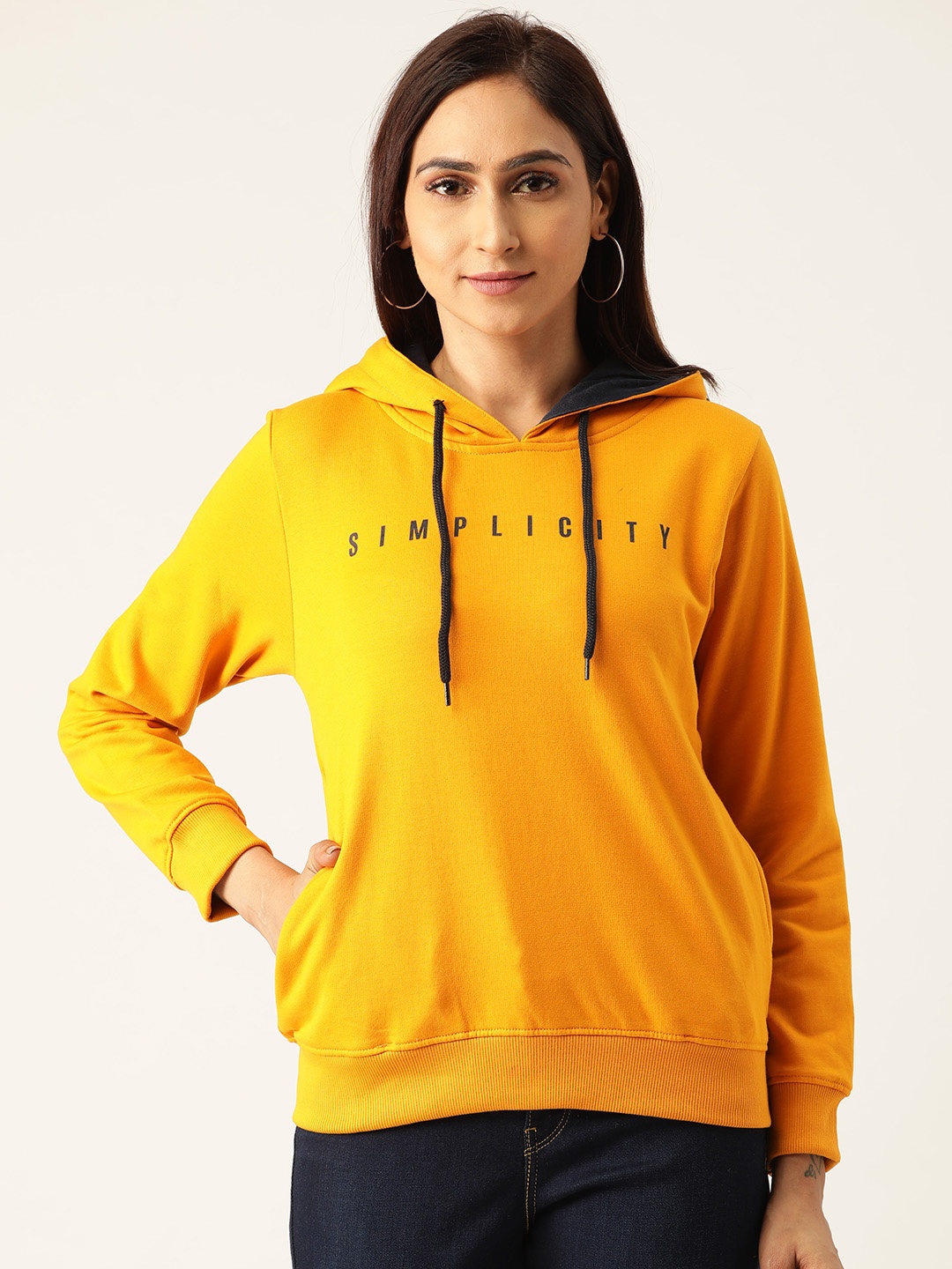 

Duke Women Mustard Yellow Solid Hooded Sweatshirt