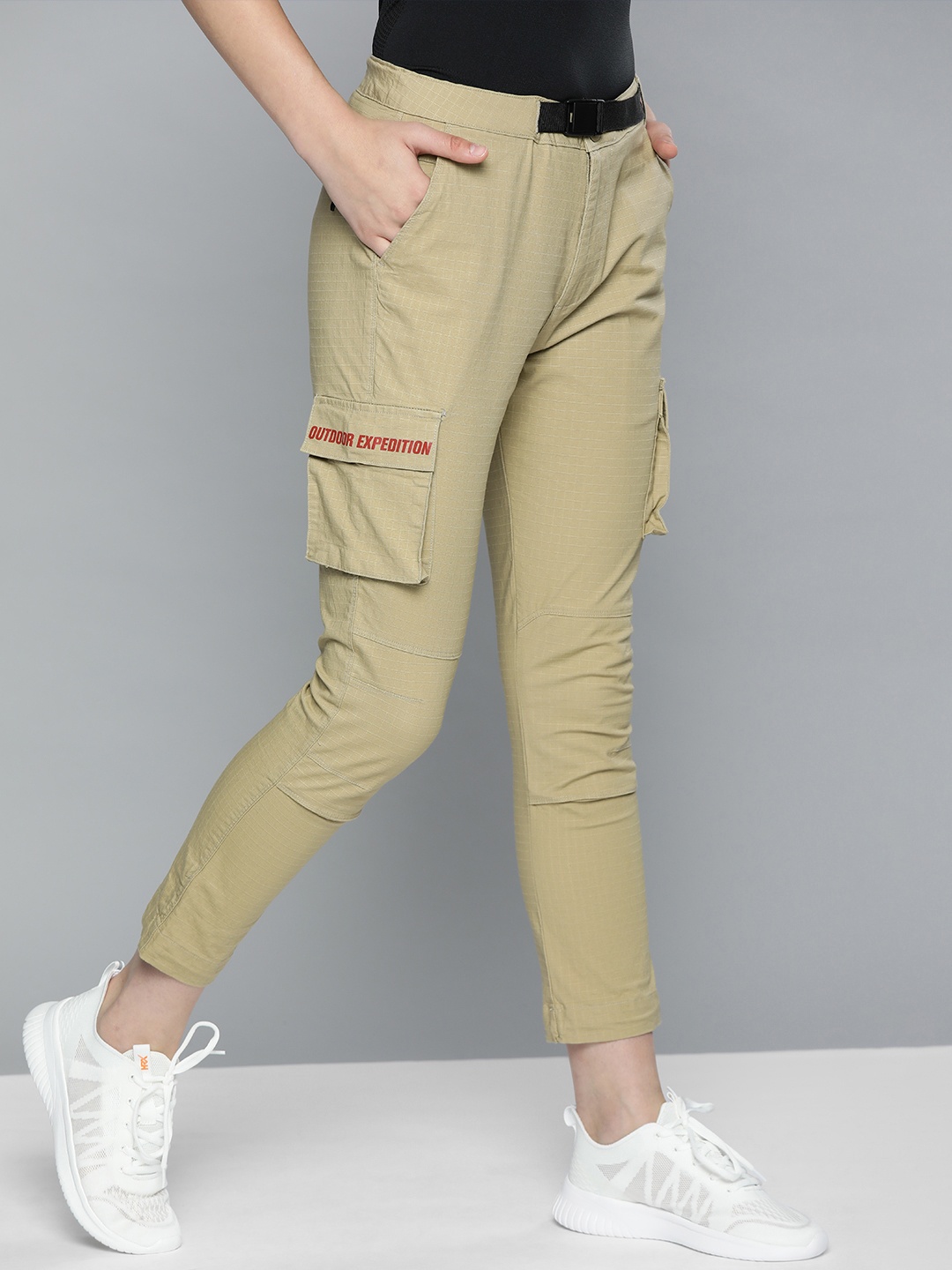 

HRX by Hrithik Roshan Women Beige Regular Fit Self-Checked Cropped Regular Trousers