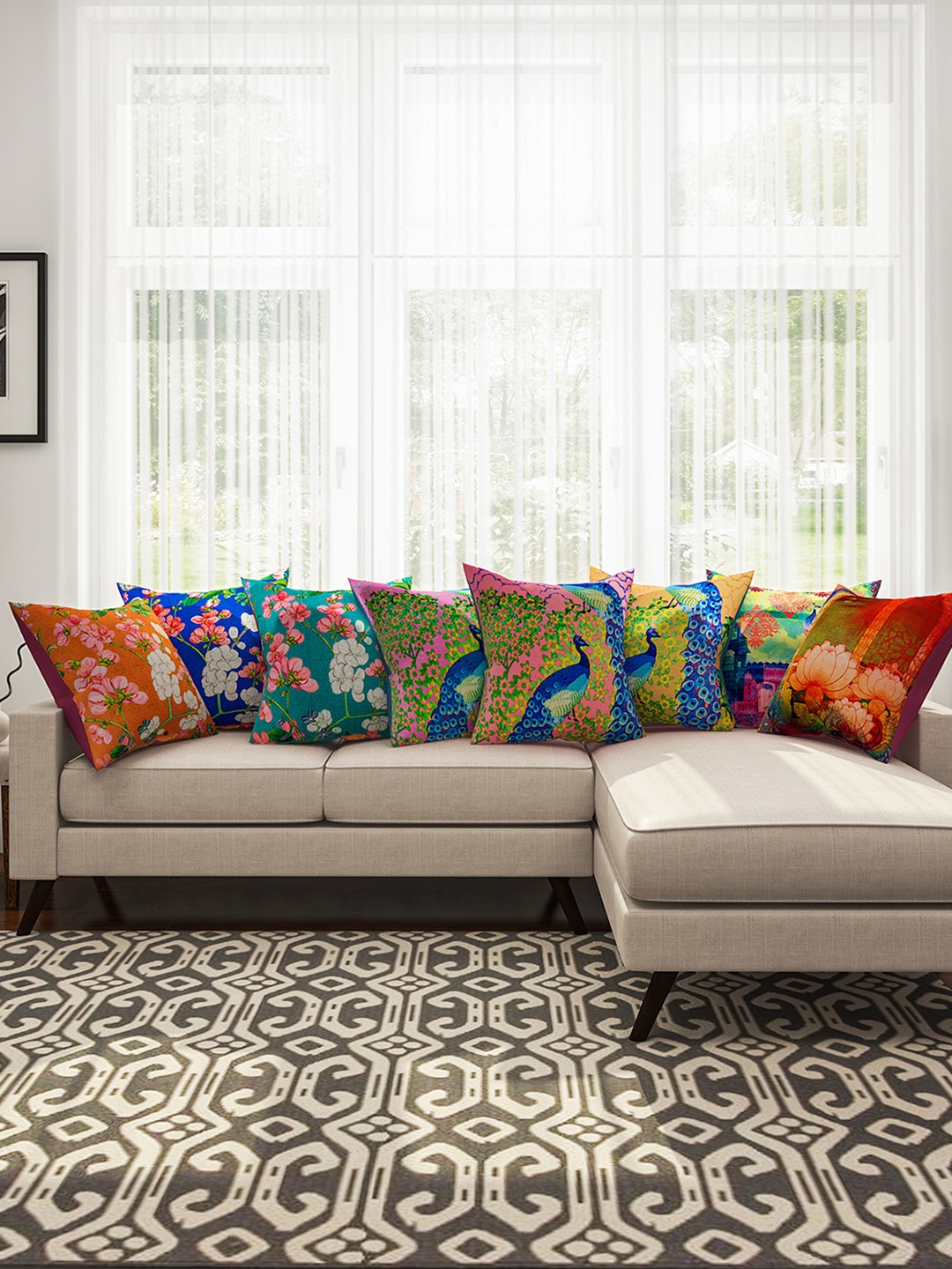 

SEJ by Nisha Gupta Multicoloured 16" x 16" Set of 8 Square Cushion Covers, Multi